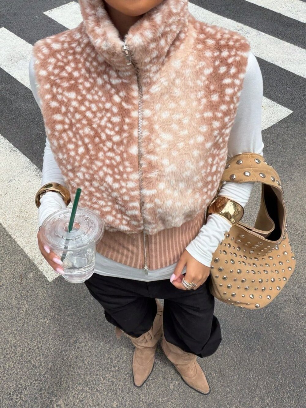 Brown Casual Women's Stand Collar Zipper Faux Fur Vest